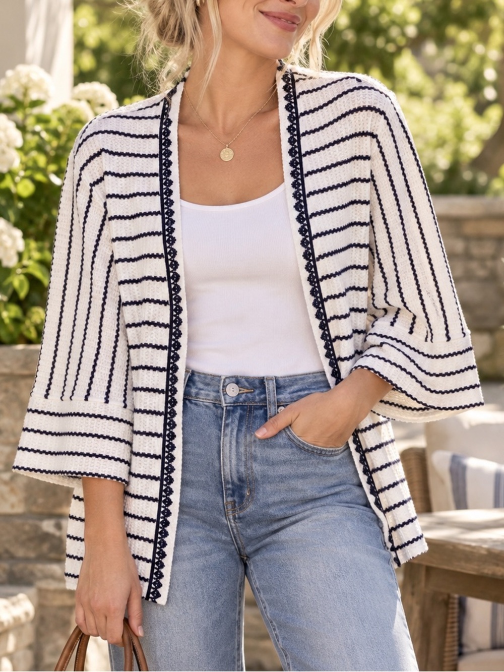 Tribal Striped Open Front Cardigan Bell Sleeve Crochet Trim Women’s Large